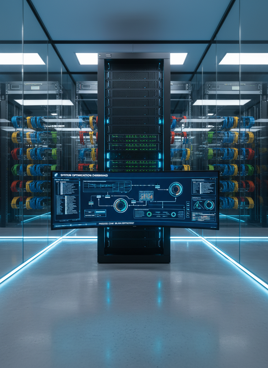 A sleek, dark graphite server rack filled with neatly arranged, softly glowing network equipment, cables perfectly managed and color coded. In front, a large ultra-wide monitor displays a clean, luminous dashboard of automated business processes represented as flowing diagrams and animated status indicators. The environment is a minimalist, glass-walled data operations room with reflective polished concrete floors and subtle LED accent strips along the baseboards. Cool, diffused overhead lighting combines with a faint blue glow from the screens, creating crisp reflections and gentle shadows. Photographic realism, shot at eye level with a slightly wide angle, sharp focus throughout, conveying a professional, high-tech atmosphere of control, precision, and seamless digital optimization.